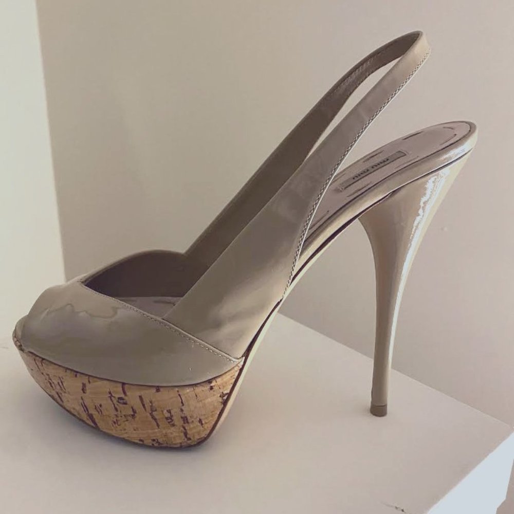 Miu Miu Patent Leather & Cork Slingback Sandals | Size 38